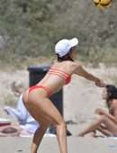 Camila Coelho Booty in Red Bikini Playing Beach Volleyball in Santa Monica