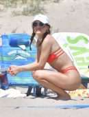Camila Coelho Booty in Red Bikini Playing Beach Volleyball in Santa Monica