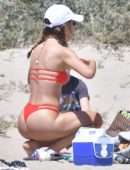 Camila Coelho Booty in Red Bikini Playing Beach Volleyball in Santa Monica