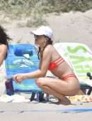 Camila Coelho Booty in Red Bikini Playing Beach Volleyball in Santa Monica