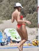 Camila Coelho Booty in Red Bikini Playing Beach Volleyball in Santa Monica