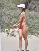 Camila Coelho Booty in Red Bikini Playing Beach Volleyball in Santa Monica
