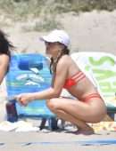 Camila Coelho Booty in Red Bikini Playing Beach Volleyball in Santa Monica