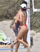 Camila Coelho Booty in Red Bikini Playing Beach Volleyball in Santa Monica