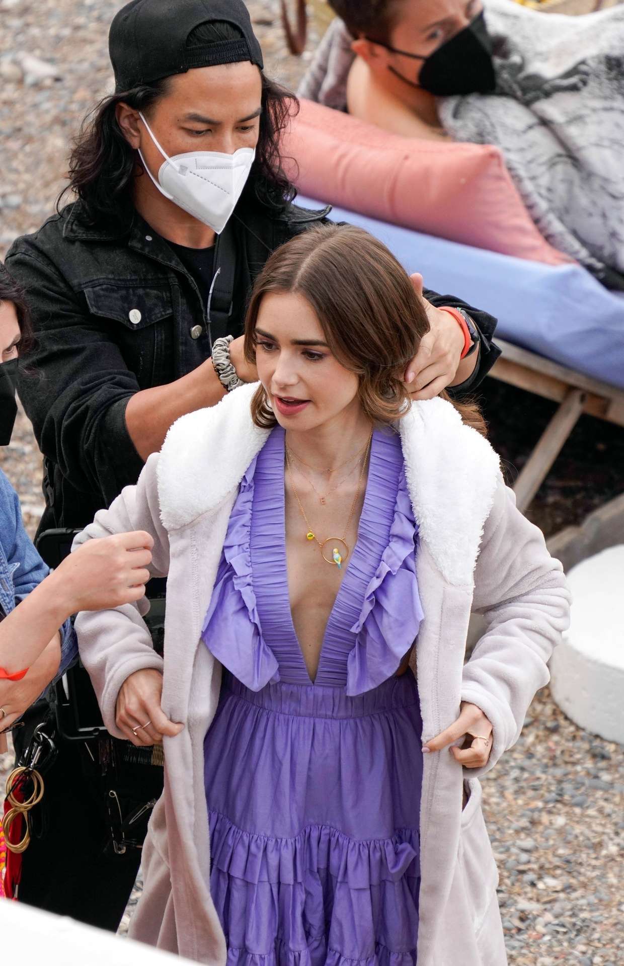 Lily Collins Cleavage, Filming 'Emily in Paris' in Paris