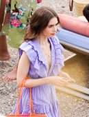 Lily Collins Cleavage, Filming 'Emily in Paris' in Paris