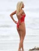 Lily James Booty in Red Swimsuit on a Beach in Malibu