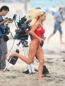 Lily James Booty in Red Swimsuit on a Beach in Malibu