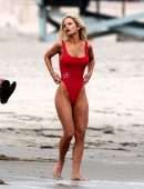 Lily James Booty in Red Swimsuit on a Beach in Malibu