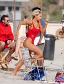 Lily James Booty in Red Swimsuit on a Beach in Malibu