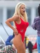 Lily James Booty in Red Swimsuit on a Beach in Malibu