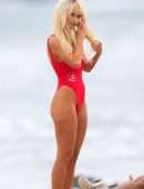 Lily James Booty in Red Swimsuit on a Beach in Malibu