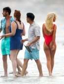 Lily James Booty in Red Swimsuit on a Beach in Malibu