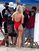 Lily James Booty in Red Swimsuit on a Beach in Malibu