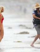 Lily James Booty in Red Swimsuit on a Beach in Malibu