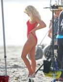 Lily James Booty in Red Swimsuit on a Beach in Malibu