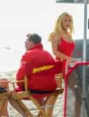 Lily James Booty in Red Swimsuit on a Beach in Malibu