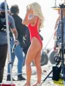 Lily James Booty in Red Swimsuit on a Beach in Malibu