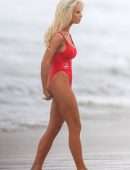 Lily James Booty in Red Swimsuit on a Beach in Malibu