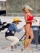 Lily James Booty in Red Swimsuit on a Beach in Malibu