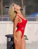 Lily James Booty in Red Swimsuit on a Beach in Malibu