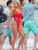 Lily James Booty in Red Swimsuit on a Beach in Malibu