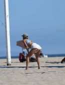 Alessandra Ambrosio in Bikini Top and Shorts Playing Beach Volleyball in Los Angeles