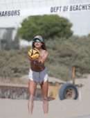 Alessandra Ambrosio in Bikini Top and Shorts Playing Beach Volleyball in Los Angeles