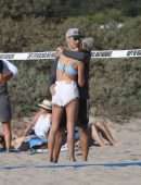 Alessandra Ambrosio in Bikini Top and Shorts Playing Beach Volleyball in Los Angeles