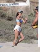 Alessandra Ambrosio in Bikini Top and Shorts Playing Beach Volleyball in Los Angeles