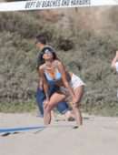 Alessandra Ambrosio in Bikini Top and Shorts Playing Beach Volleyball in Los Angeles