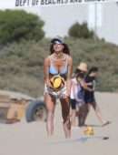 Alessandra Ambrosio in Bikini Top and Shorts Playing Beach Volleyball in Los Angeles