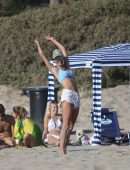 Alessandra Ambrosio in Bikini Top and Shorts Playing Beach Volleyball in Los Angeles