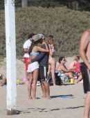 Alessandra Ambrosio in Bikini Top and Shorts Playing Beach Volleyball in Los Angeles
