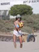 Alessandra Ambrosio in Bikini Top and Shorts Playing Beach Volleyball in Los Angeles