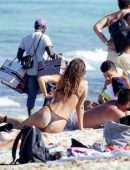 Irina Shayk Cleavage and Booty in a Thong Bikini on a Beach in Ibiza