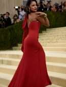 Eiza Gonzalez Gorgeous Leggy in Sexy Red Dress at 2021 Met Gala in New York
