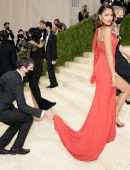 Eiza Gonzalez Gorgeous Leggy in Sexy Red Dress at 2021 Met Gala in New York
