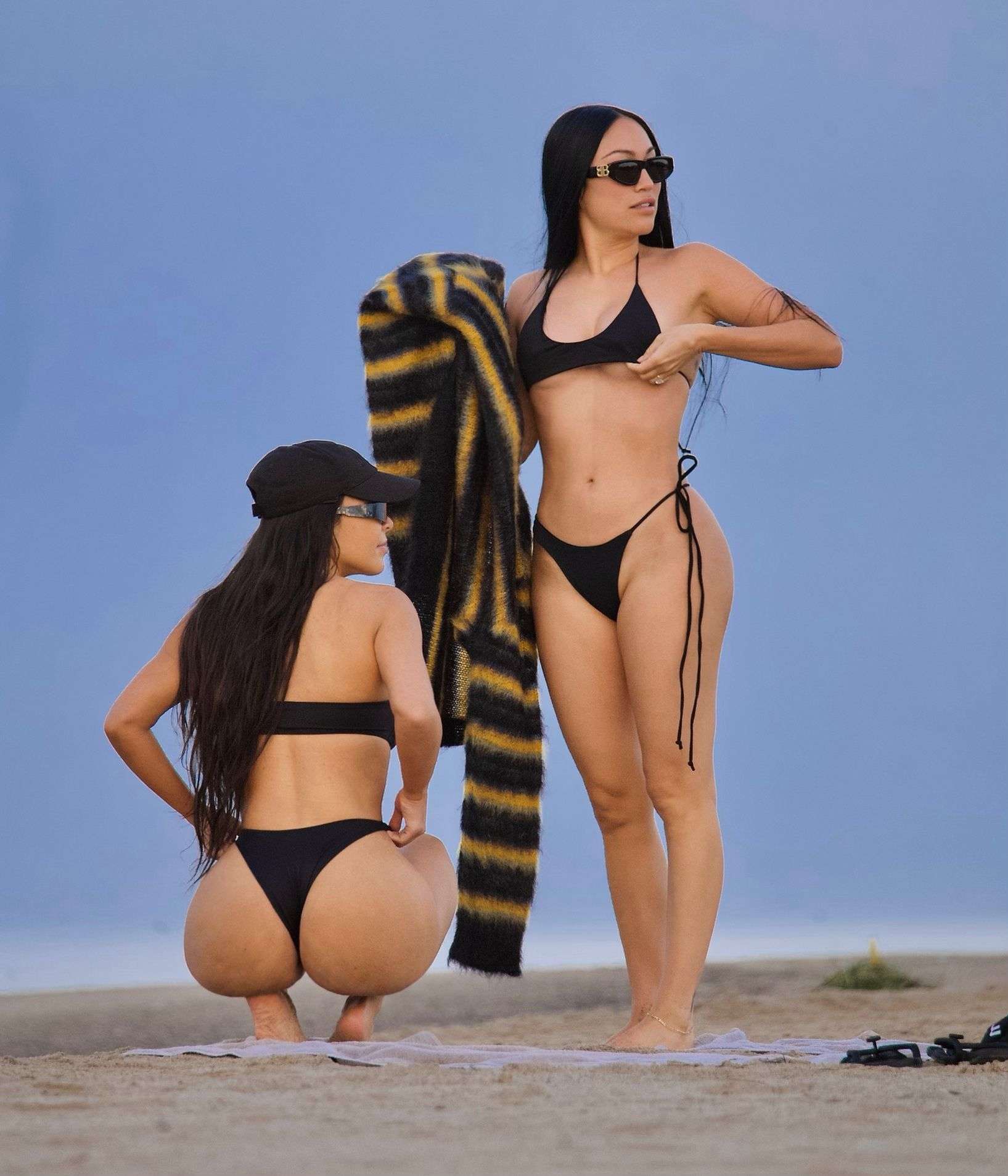 Kim Kardashian Booty in a Black Thong Bikini at the Beach in Malibu