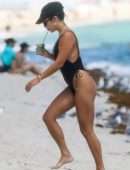Vanessa Hudgens Booty in a Black Swimsuit on a Beach in Miami