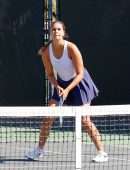 April Love Geary Playing a Tennis Game with Friends in Calabasas