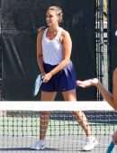 April Love Geary Playing a Tennis Game with Friends in Calabasas