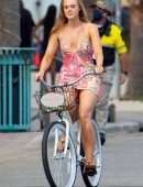 Elle Fanning Upskirt while Riding a Bicycle at Hulu’s TV Series Set in Tybee Island