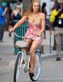 Elle Fanning Upskirt while Riding a Bicycle at Hulu’s TV Series Set in Tybee Island