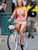 Elle Fanning Upskirt while Riding a Bicycle at Hulu’s TV Series Set in Tybee Island