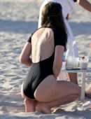 Julia Fox Booty in a Black Swimsuit on a Beach in Miami