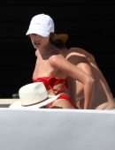 Olivia Culpo Cleavage and Booty in Red Thong Bikini On a Yacht in Cabo San Lucas