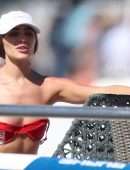 Olivia Culpo Cleavage and Booty in Red Thong Bikini On a Yacht in Cabo San Lucas
