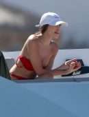 Olivia Culpo Cleavage and Booty in Red Thong Bikini On a Yacht in Cabo San Lucas