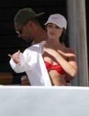 Olivia Culpo Cleavage and Booty in Red Thong Bikini On a Yacht in Cabo San Lucas